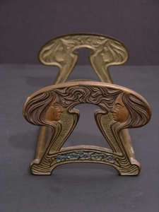 Early 20th C Sliding Brass Bookends Art Nouveau Women  