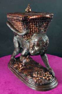 Bronze Monkey With Basket Statue Container Catch all  