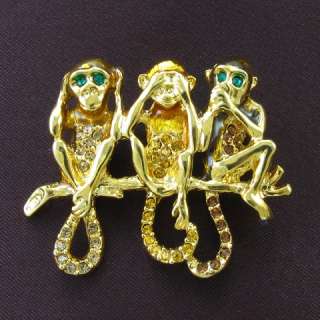   Monkey Animal Brown Stone Crystal Fashion Brooch Pin Gold Tone  