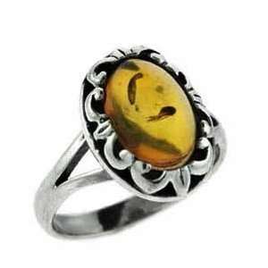    Sterling Silver Genuine Brown Amber Oval Antique Ring Jewelry