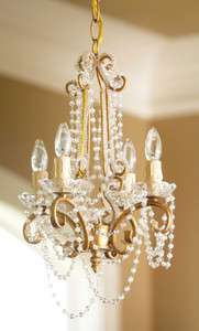 SHABBY FRENCH CHIC 4 Arm Petite CHANDELIER Crystal Drop Antique Gold 