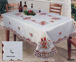Christmas Embroidered Candle Tablecloth + Napkins WHITE  