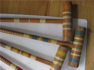 Vtg Antique Croquet set 6 Ribbed Mallets + 2 Stakes   early style 