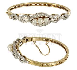 Estate 14K YG Lds Diamond Pearl Bangle Bracelet  