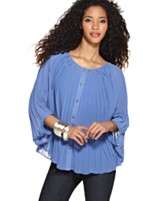 MM Couture Top, Scoop Neck Three Quarter Pleated Silk Chiffon Blouse