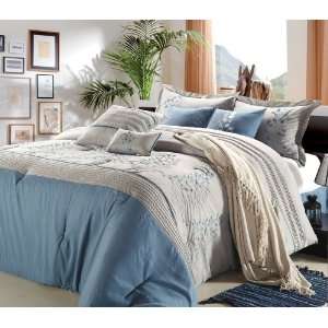  Poppy Flower Blue, Gray & Silver 8 Piece Comforter Bed In 