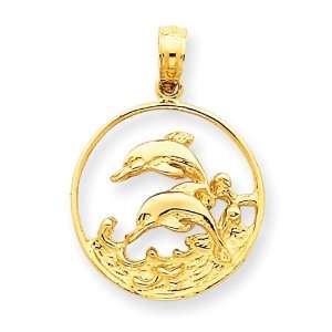  14k Gold Double Dolphin Circle Pendant Jewelry