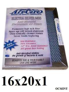 NEW 16x20x1 AIR CARE ELECTRA SILVER ANTI MICROBIAL ELECTROSTATIC AIR 