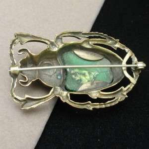 Beetle Pin Vintage Green Stone Insect Scarab Brooch Art Nouveau  