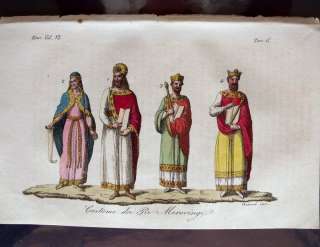 1829 ANTIQUE HANDCOLOR PRINT COSTUME MEROVINGIAN KINGS  