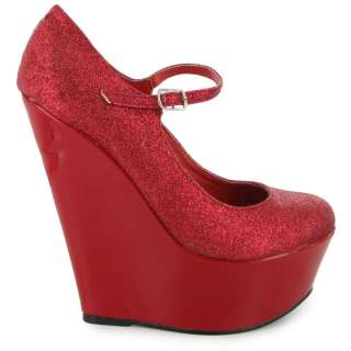 NEW WOMENS RED GLITTER BUCKLE HIGH PARTY EVENING PLATFORM WEDGE SHOES 