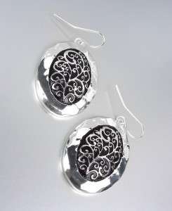 Designer Style Silver Black Filigree Oval Dangle Earrings  