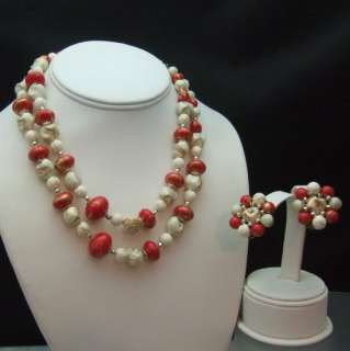 Japan Red Multi Strand Bead Necklace Earrings Set Vtg  