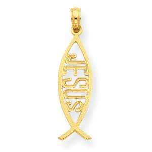    Polished 14k Gold Ichthus Fish with Jesus Pendant Jewelry