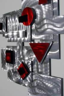   Abstract Silver Red Black Metal Wall Art Sculpture Signed By Jon Allen