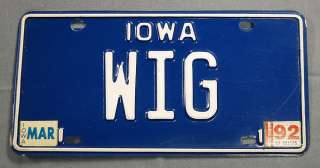1992 Iowa Vanity Personalized License Plate Tag ~WIG~  