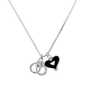  Silver Handcuffs and Black Heart Charm Necklace Jewelry