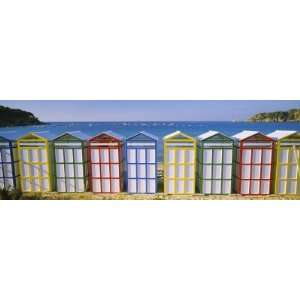  Beach Huts in a Row on the Beach, Catalonia, Spain Premium 