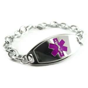 Custom Engraved, Basic, Steel Medical Bracelet, O LINK Chain, Purple 