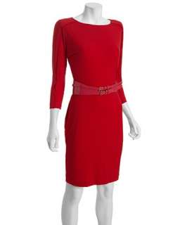 Calvin Klein red jersey three quarter sleeve belted dress