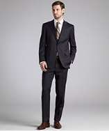 Canali navy pinstripe wool two button suit with flat front pants style 