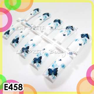    Design False French Acrylic Blue Butterful Nail Art Tips Salon E458