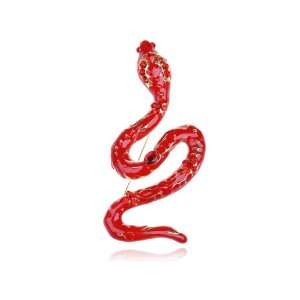 Large Golden Tone Red Enamel Snake Serpent Ruby Crystal Red Enamel Pin 