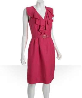 Tahari ASL hot pink linen blend belted ruffle neck dress