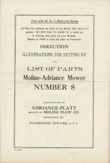 PARTS LIST MANUAL EARLY 1900s MOLINE ADRIANCE MOWER No 8 MOLINE PLOW 