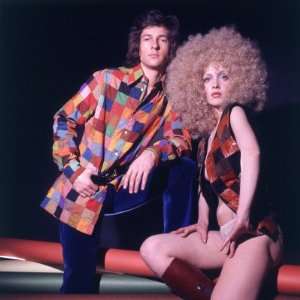  Retro Couple in Matching Patchwork Outfits 1970s, Fashion 