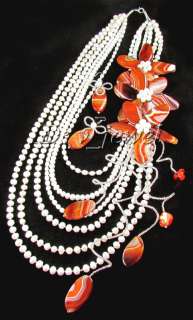 Onyx pearl coral shell flower necklace/earring set VJ  