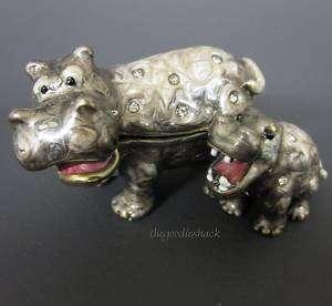 Crystal Jeweled Hippo & Baby Hinged Trinket Pill Box  