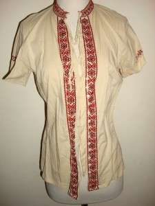 Lucky Brand Khaki Button Down shirt red stitching Design Size Medium 