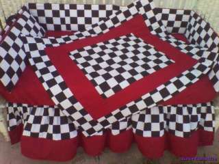   Checkered Flag racing Crib Bedding Set w/ red accent fabric  