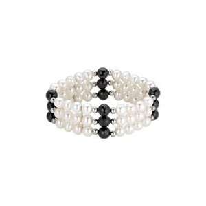 Cultured Freshwater Pearl and Onyx Flex Bracelet with Sterling Silver 