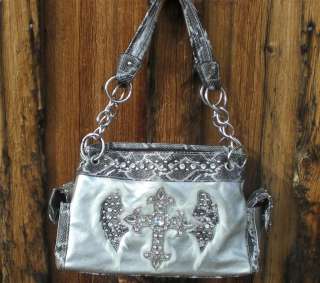 Western Silver Purse w/New Feather Wings & Rhinstone Cross Faux 