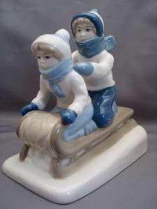 Porcelana de Cuernavaca Sledding Kids Figurine Mexico  