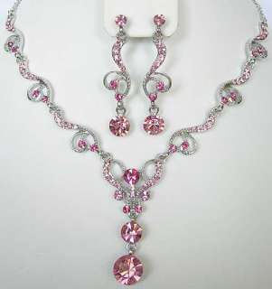 n318 Pink Swarovski Crystal Necklace Heart Love Set  