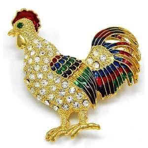   Jewelry Gold Tone Multi Color Rhinestone Rooster Brooch Pin [Jewelry