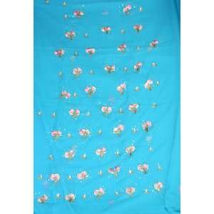 Turquoise Salwar Suit Fabric with Persian Embroidered Flowers and 