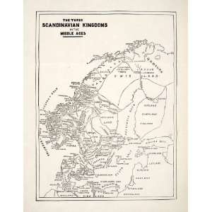  1901 Print Map Middle Ages Scandinavian Kingdoms Finnmaurk 