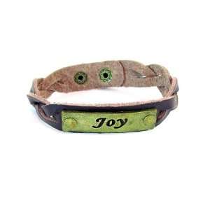 Joy Sentiment Tribal Braided Brown Leather Bracelet with Snap Closure