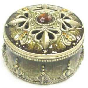  Keepsake Jewelry Box Pewter Round Brown & Green