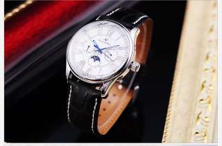   Waterproof Leather Band Classic Date Day Moon Phase Dial Watch  
