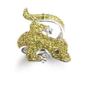  Sterling Silver Created Emerald & Peridot Green Gecko Ring 