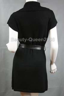  Womens Faux Leather Trimmed Cardigan Belt Sweater Shirt Dress Black 
