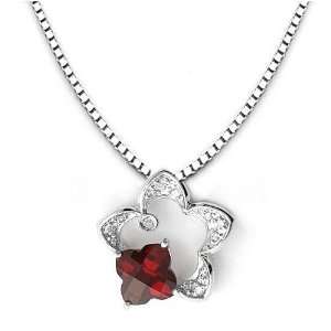 14k White Gold Clover Shaped Garnet and Diamond Star Pendant with 